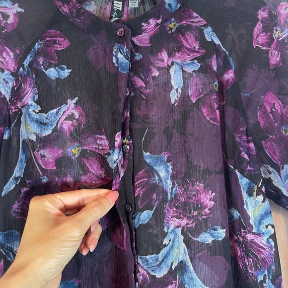 Kut From The Kloth Top Womens XS Purple Sheer Floral Button Up Chiffon Blouse - Picture 4 of 8